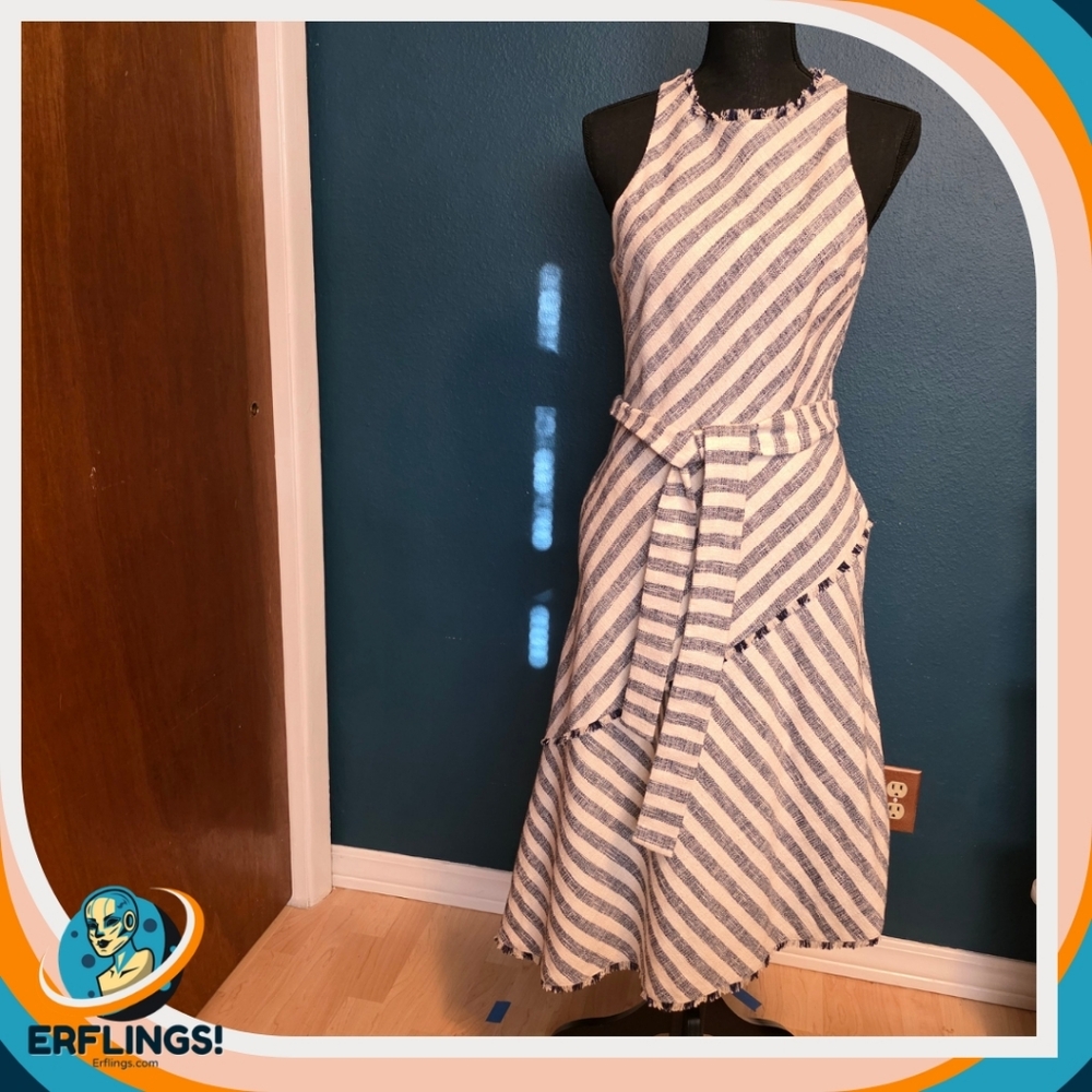 Banana Republic Blue and White Asymmetrical Dress With Fringe Details